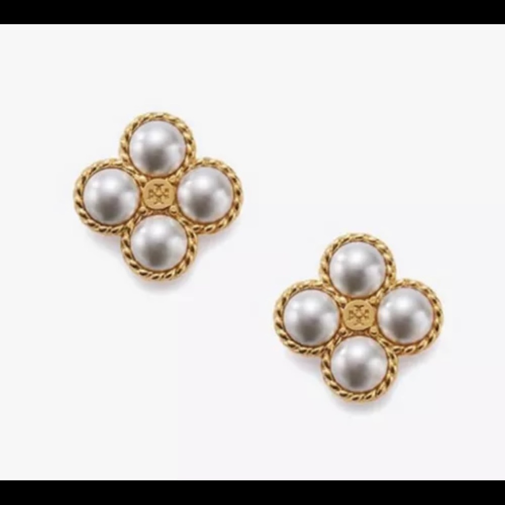♥️Sold♥️TORY BURCH Gold/White Stud Clover Pearl Earrings - Picture 3 of 6